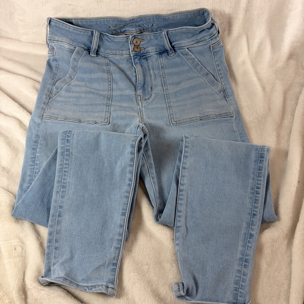 AE High Rise Front Patch Pocket Skinny Jeggings Sz 12 Indie Comfort Stretch EUC